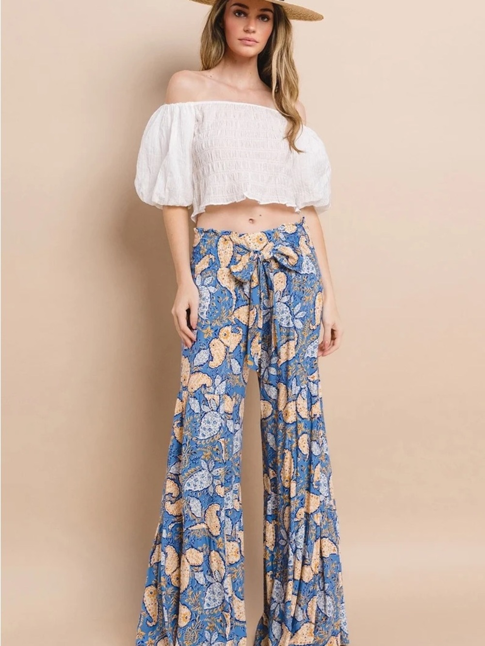 🌼 Wisteria Lane Blue Floral Paisley Tiered Wide Leg Pants M